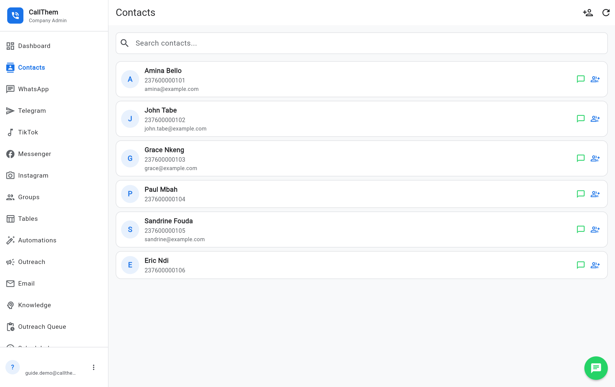 The contacts list
