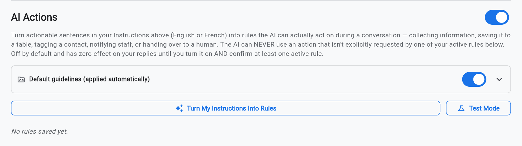 AI Actions switched on