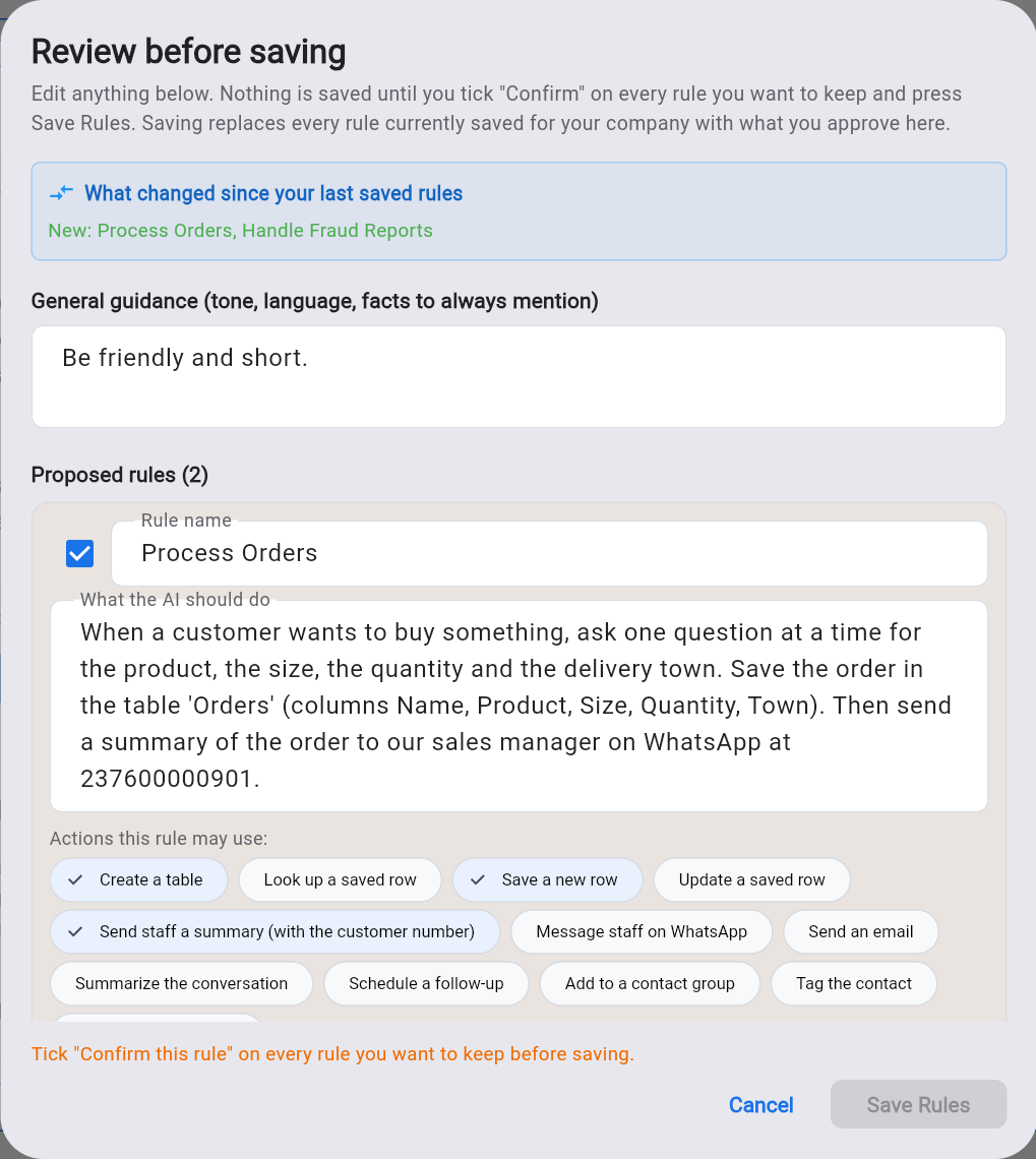 Review before saving — the proposed rules and their actions