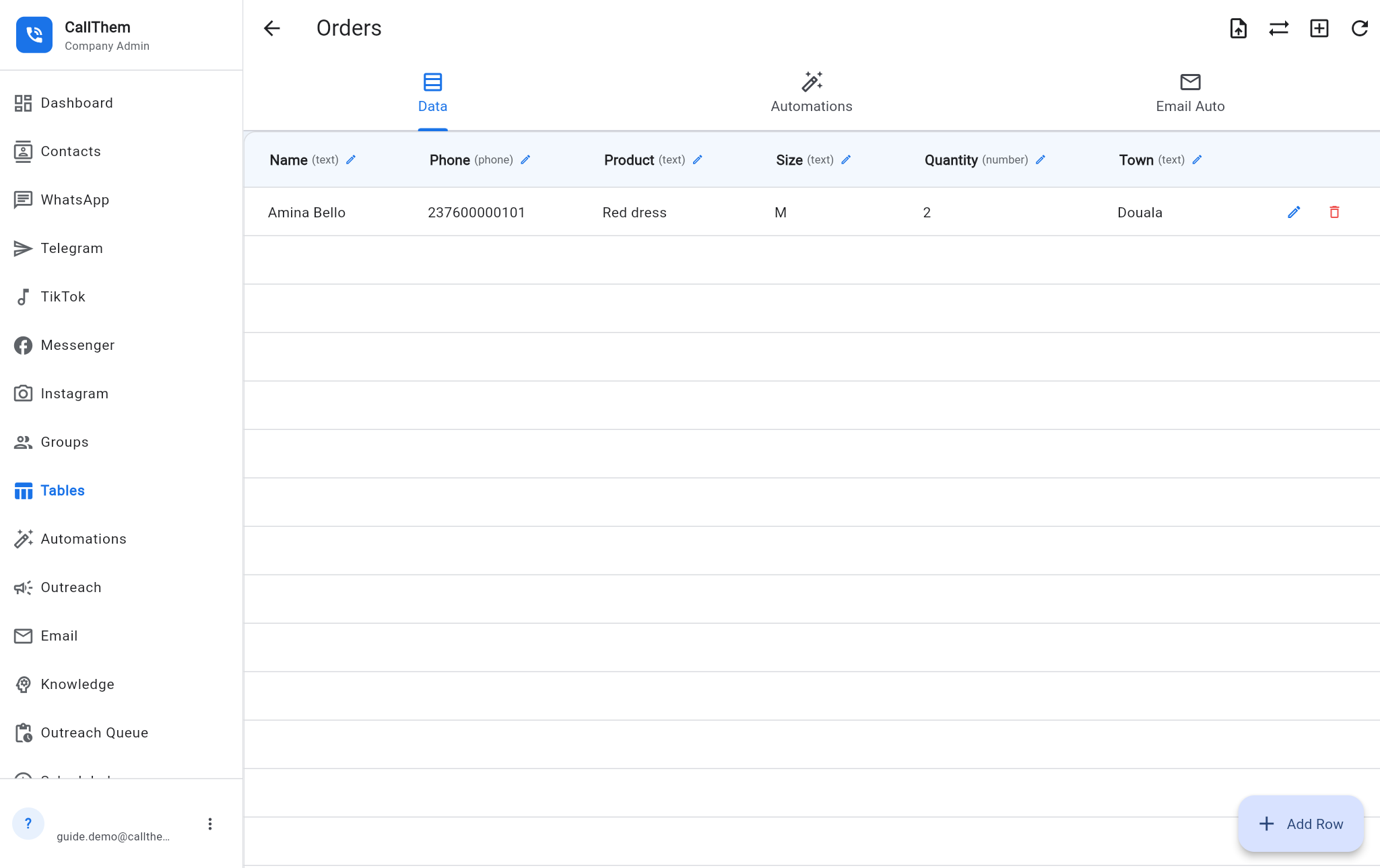 The Orders table with an order filled in by the AI (example)