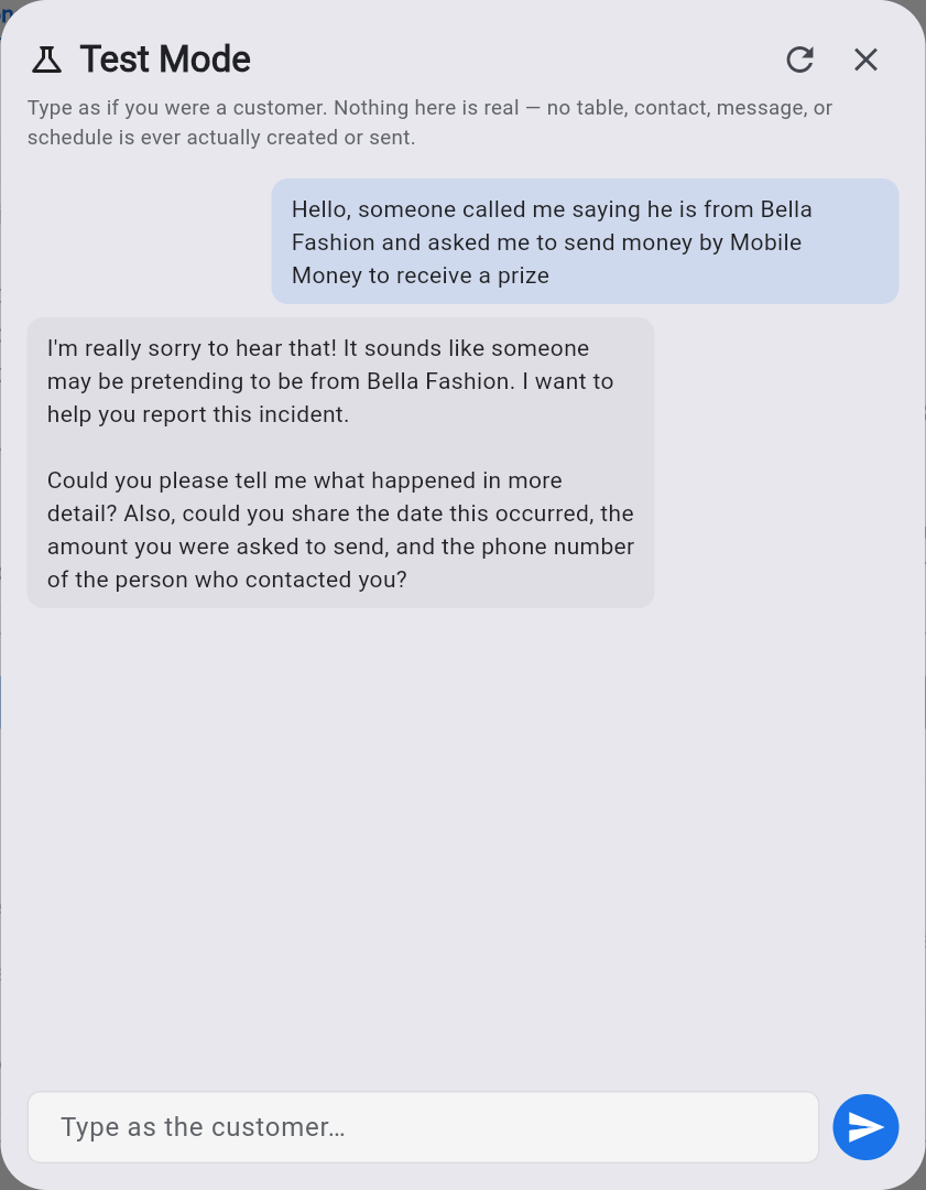 Test Mode — the AI reassures the customer and asks for details