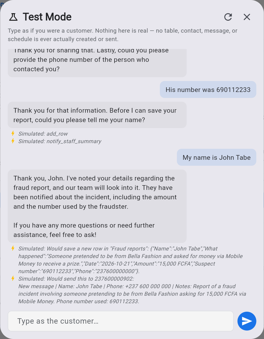 Test Mode — report saved and the fraud officer notified (simulated)