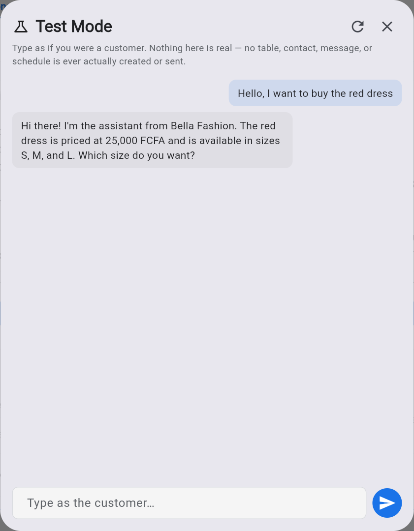 Test Mode — the AI gives the price and asks one question