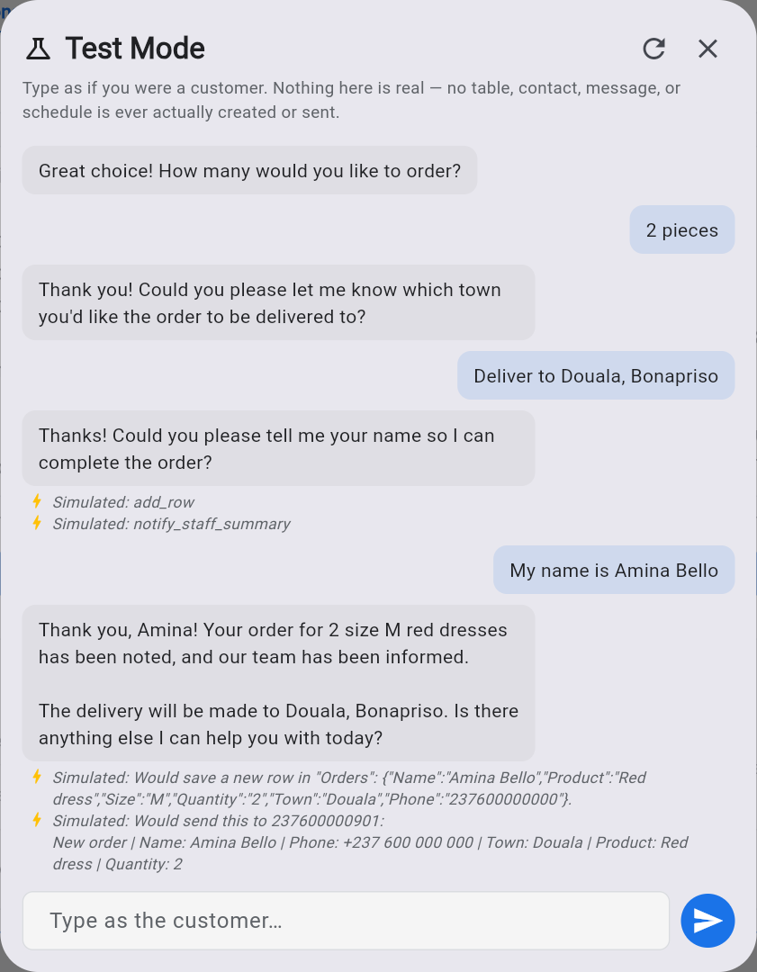 Test Mode — order saved and the sales manager notified (simulated)