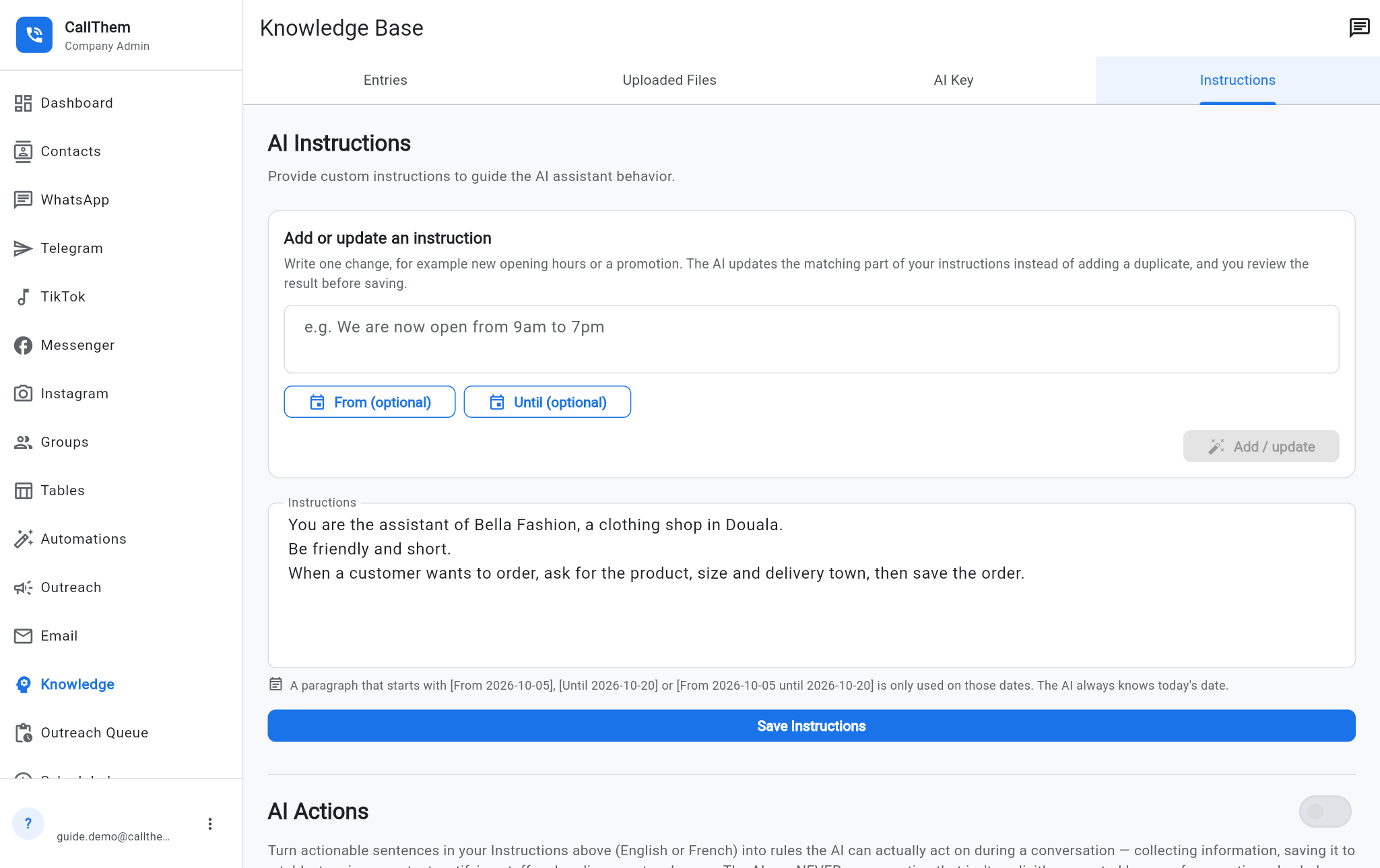 The Instructions tab