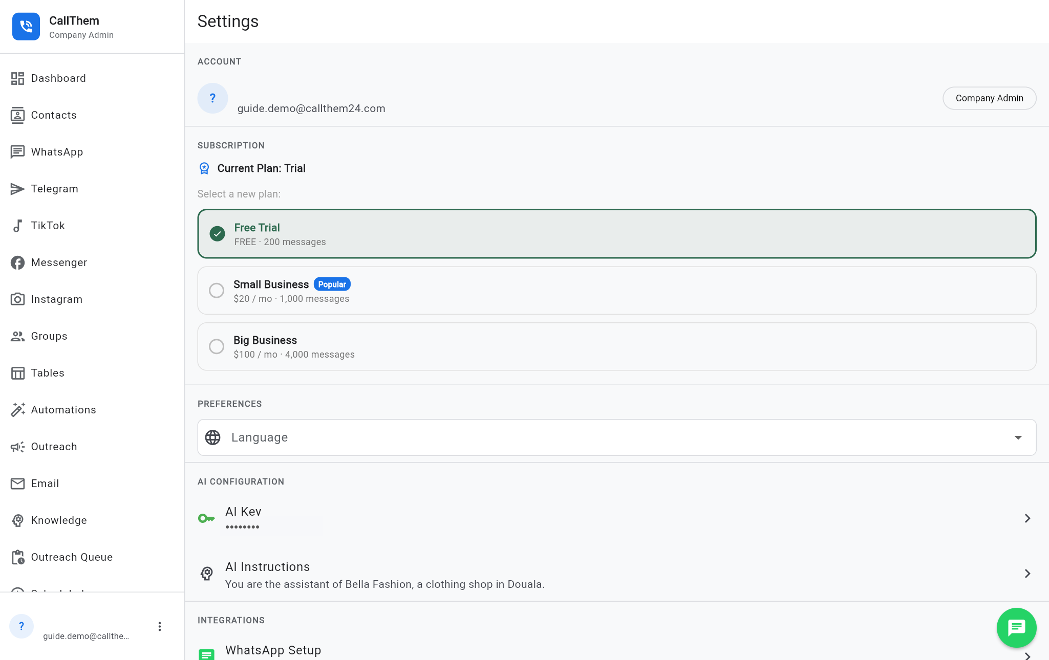 The Settings screen