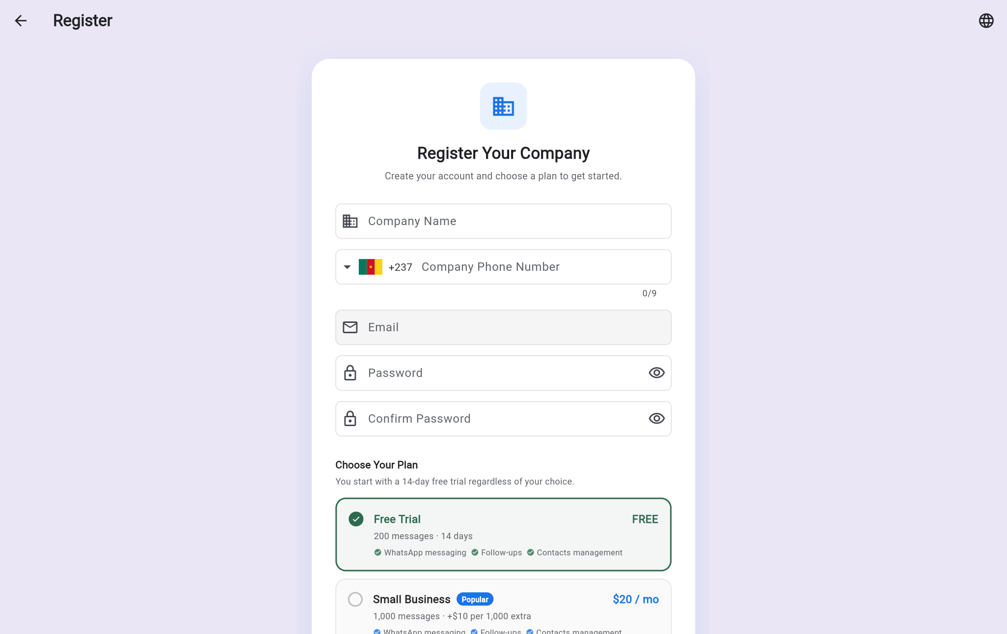 The Register Your Company screen