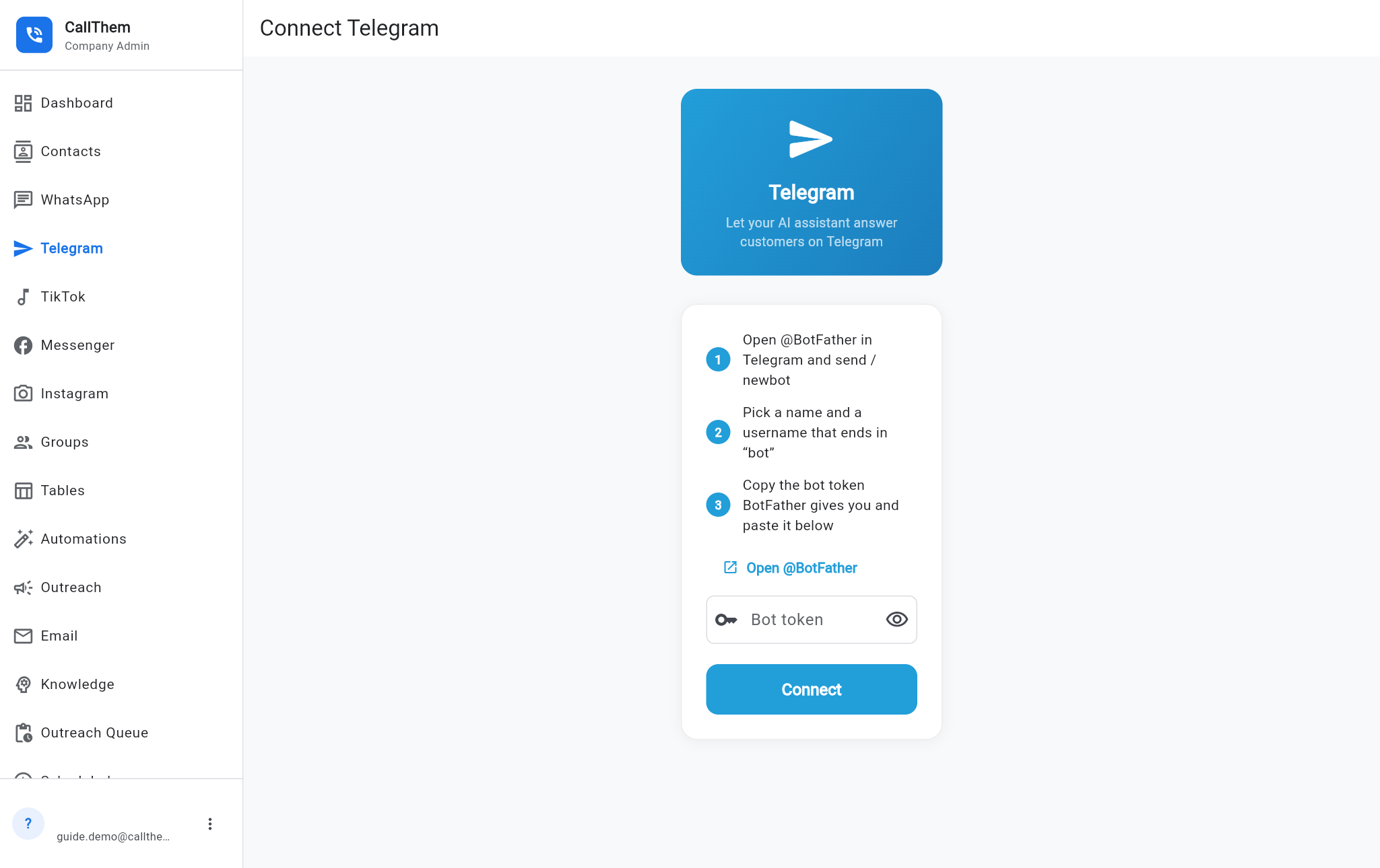 The Connect Telegram screen