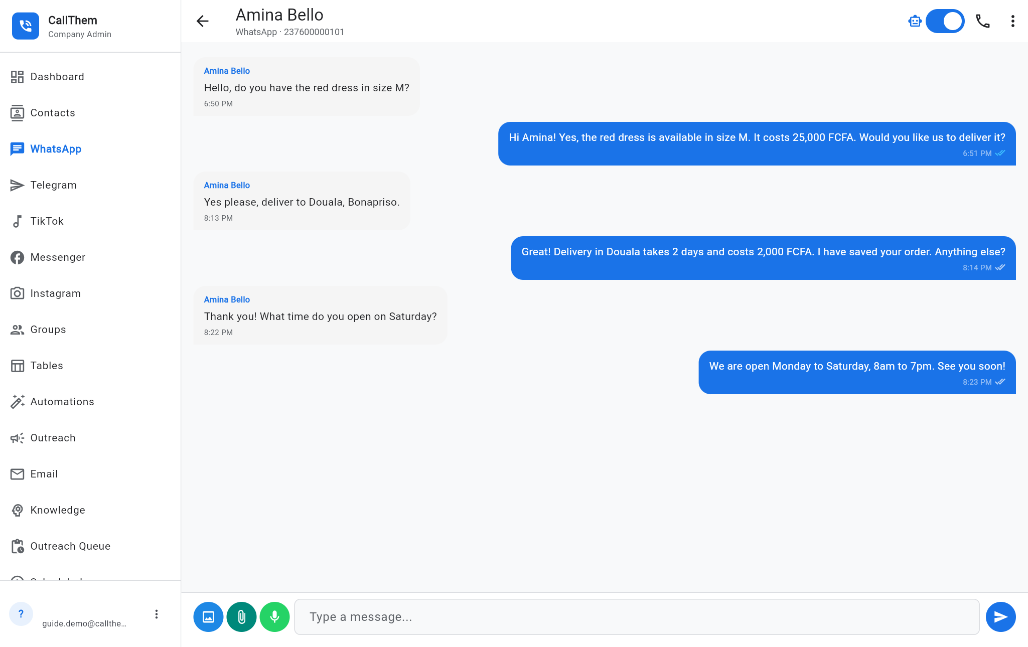 An open chat with the AI switch at the top